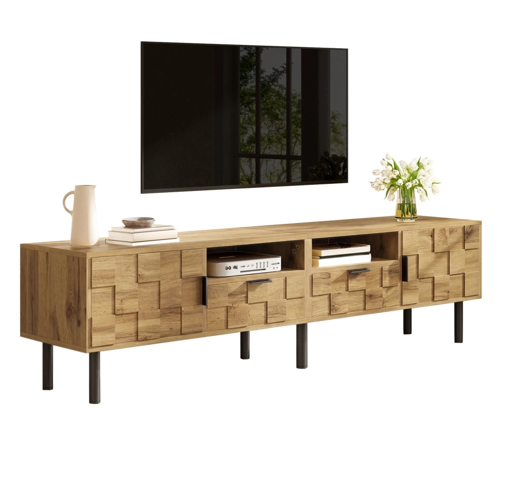 Mobile TV con design a mosaico in truciolato effetto legno, 2 porte, 2 cassetti, 2 vani aperti, piedi in metallo nero 160x35x42,5 cm