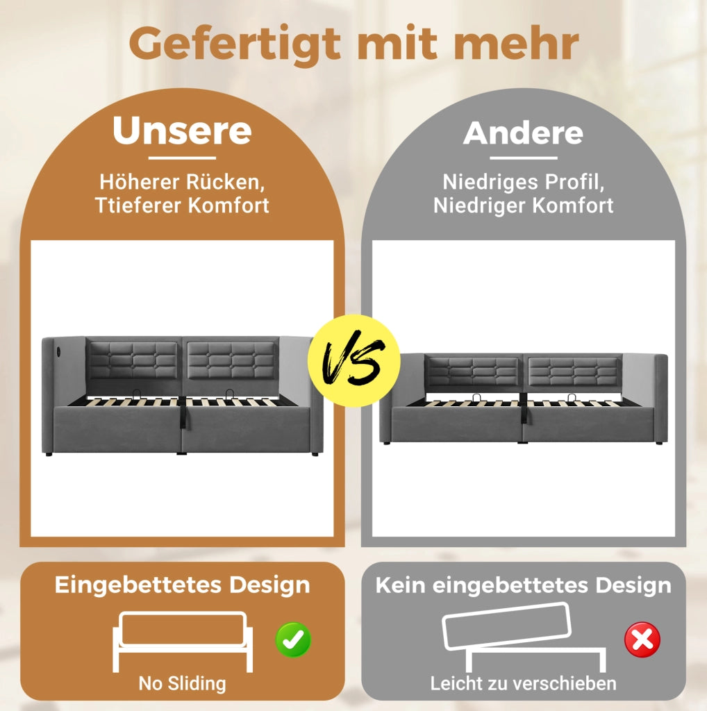 Divano letto 90 × 190 cm con contenitore idraulico; USB e Type-C; velluto grigio