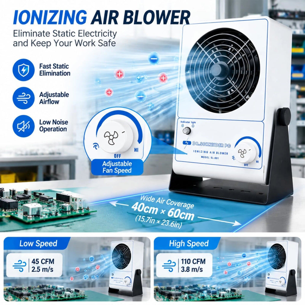 Ventilatore ad aria ionizzante, regolabile, antistatico ESD