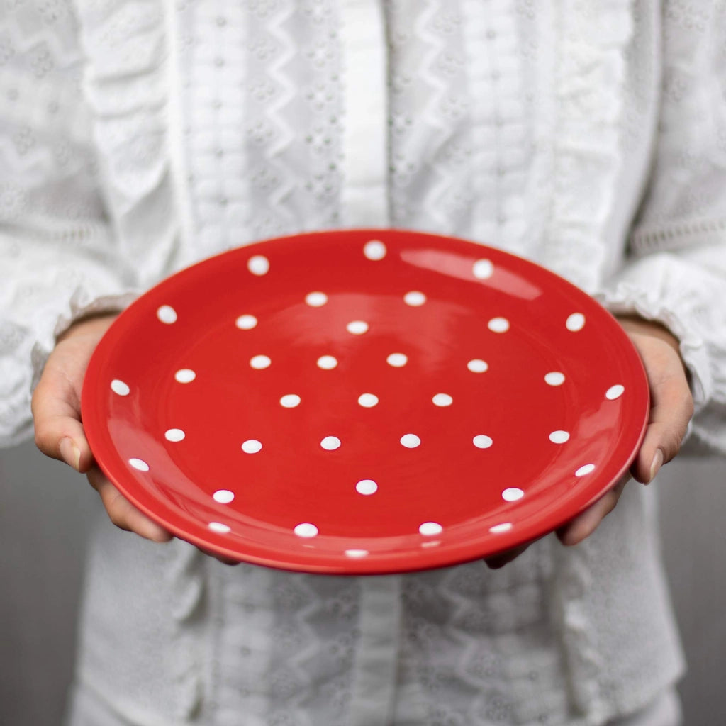 Piatto in Vetroceramica dipinto a mano, decorato con puntini, diametro 25,5 cm, color rosso e bianco
