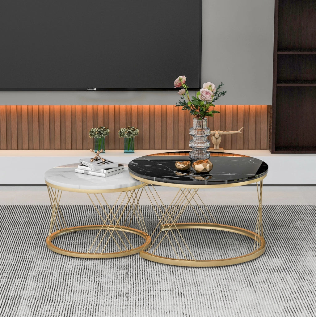 Tavolini da caffè rotondi impilabili 70x70x45 cm MDF nero e bianco, struttura dorata