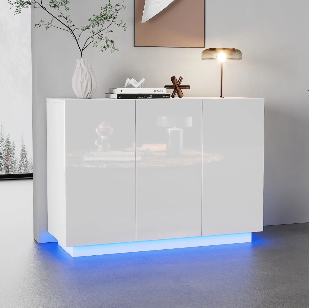 Credenza 120 × 40 × 75 cm con 3 ante e ripiani regolabili in pannello truciolare bianco lucido LED Bluetooth