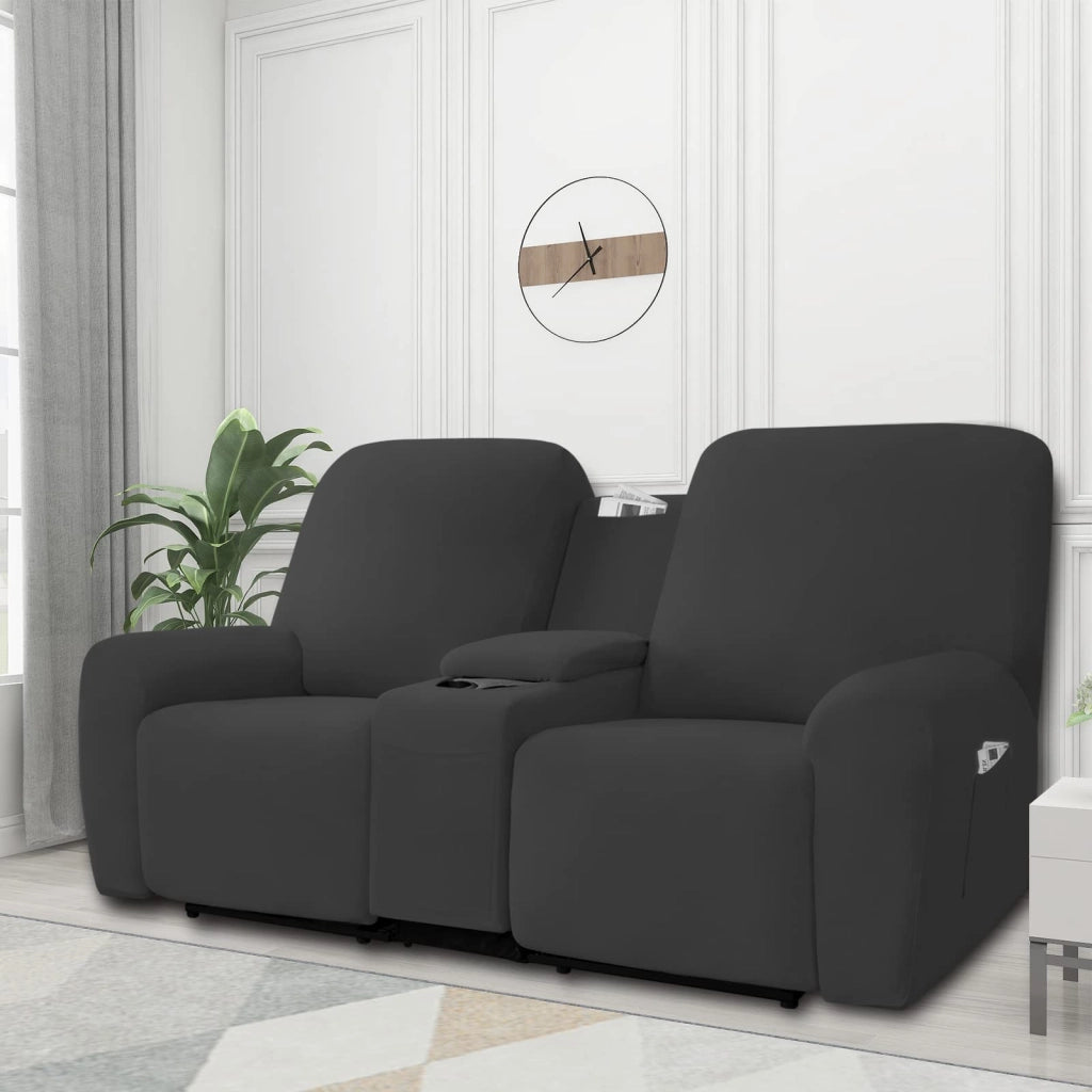 Copertura per divano a due posti con consolle centrale, set da 8 pezzi, elasticizzata, color grigio scuro