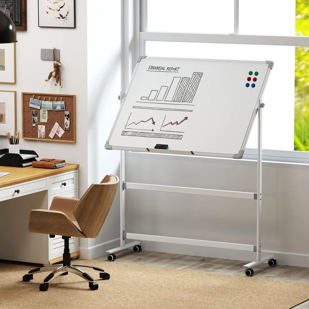 Lavagna magnetica bianca 120 x 90 cm mobile su ruote girevole 360° telaio in metallo per ufficio e casa
