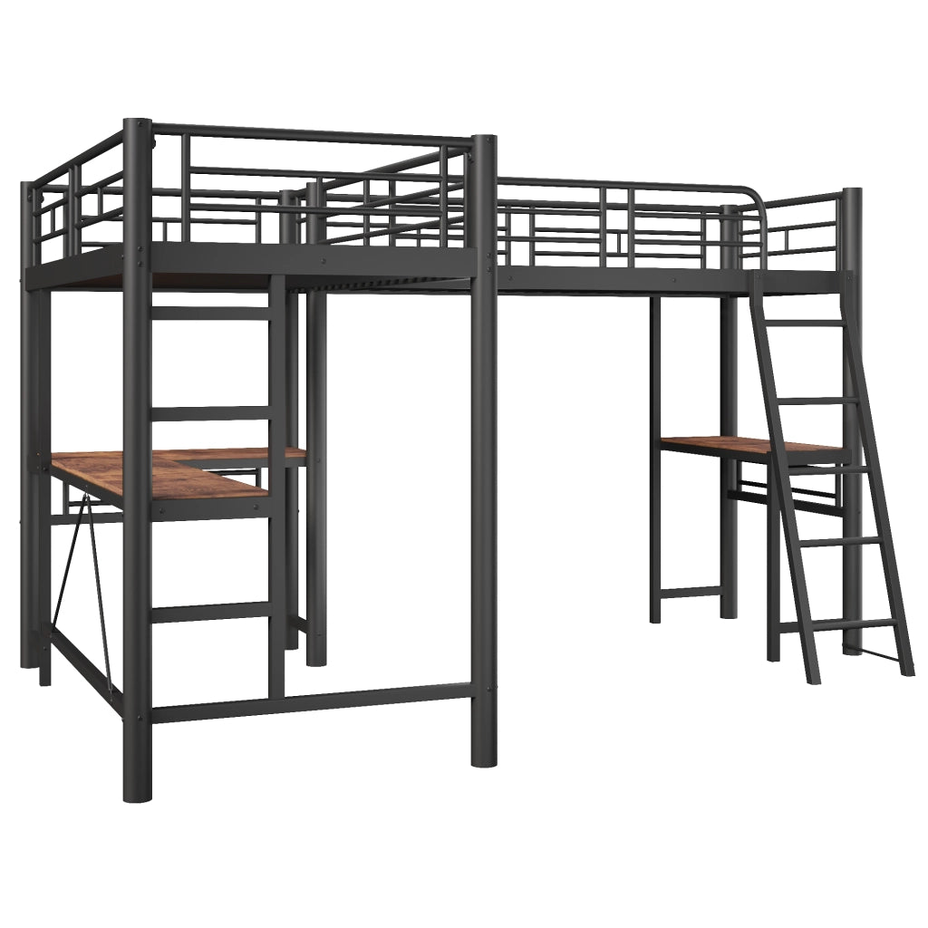 Letto a Soppalco 90 x 200 cm con Scrivania, Scala, Sponda Alta in Metallo e MDF Nero