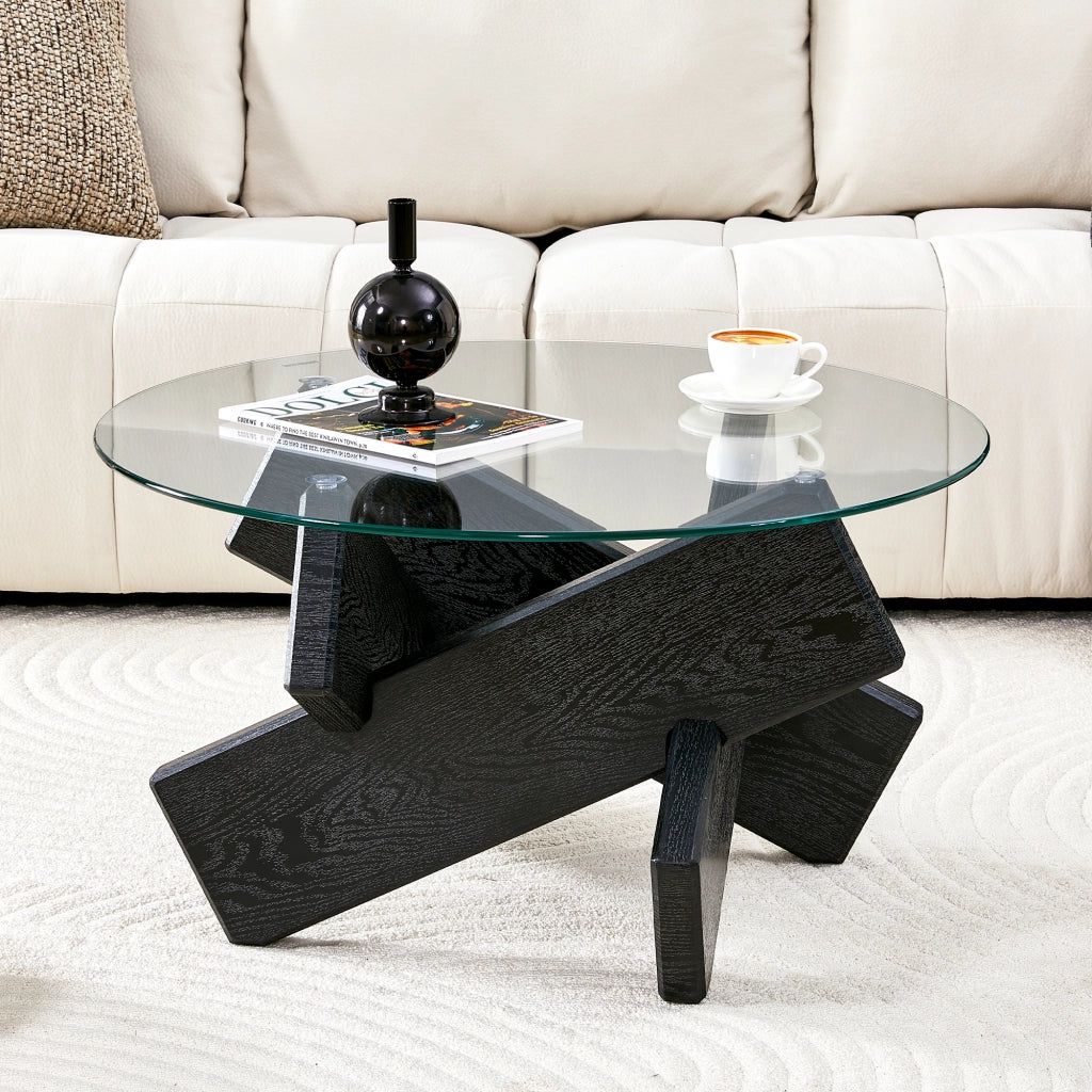 Tavolino da salotto rotondo in vetro temperato 8 mm e MDF nero 79x45 cm