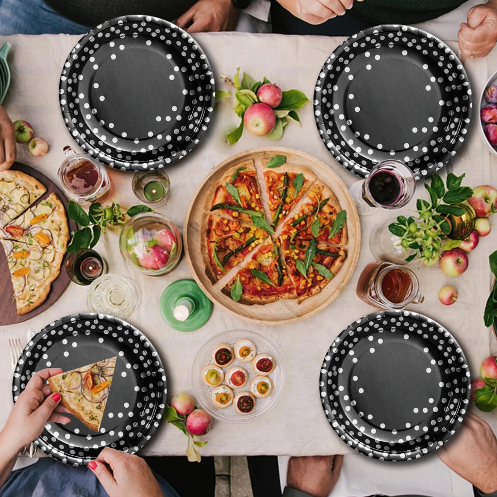 50 piatti di carta per cena, 23 cm – stoviglie usa e getta, nero e argento, con motivo a pois