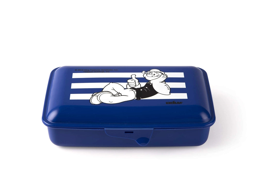Contenitore per il pranzo con posate, motivo a tema cartone animato, colore blu, dimensioni 22 x 13 cm