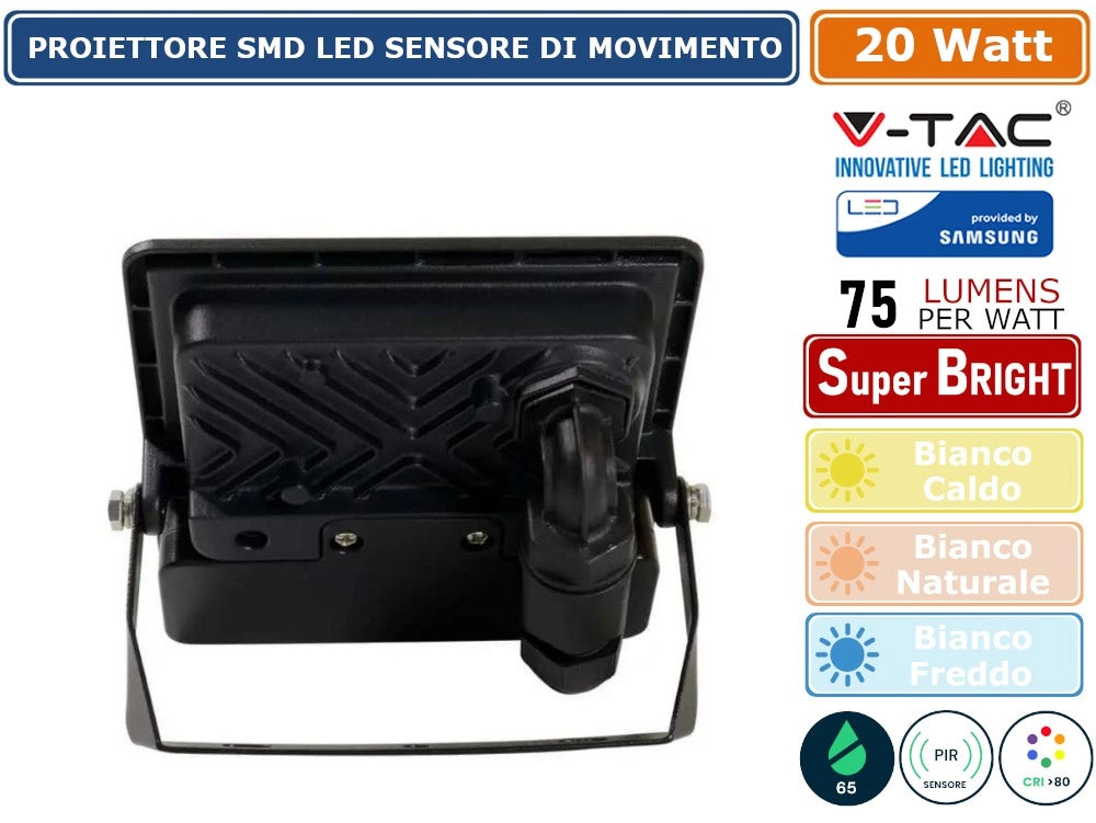 V-TAC VT-128S FARO LED FLOODLIGHT 20W SMD IP65 CHIP SAMSUNG SENSORE MOVIMENTO E CREPUSCOLARE NERO - Colore Luce:Bianco Freddo