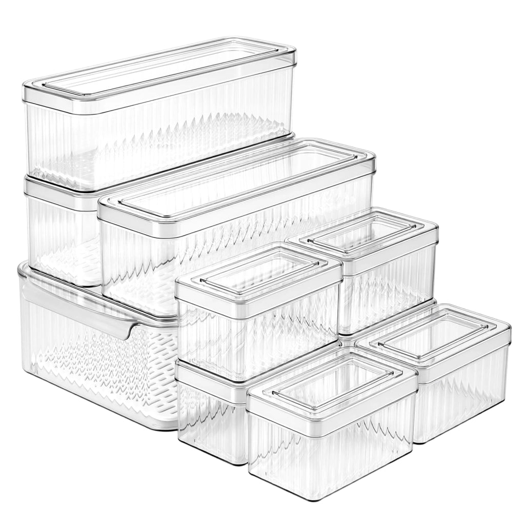 Set di organizer per frigorifero, 10 pezzi, impilabili, trasparenti, in 3 diverse dimensioni