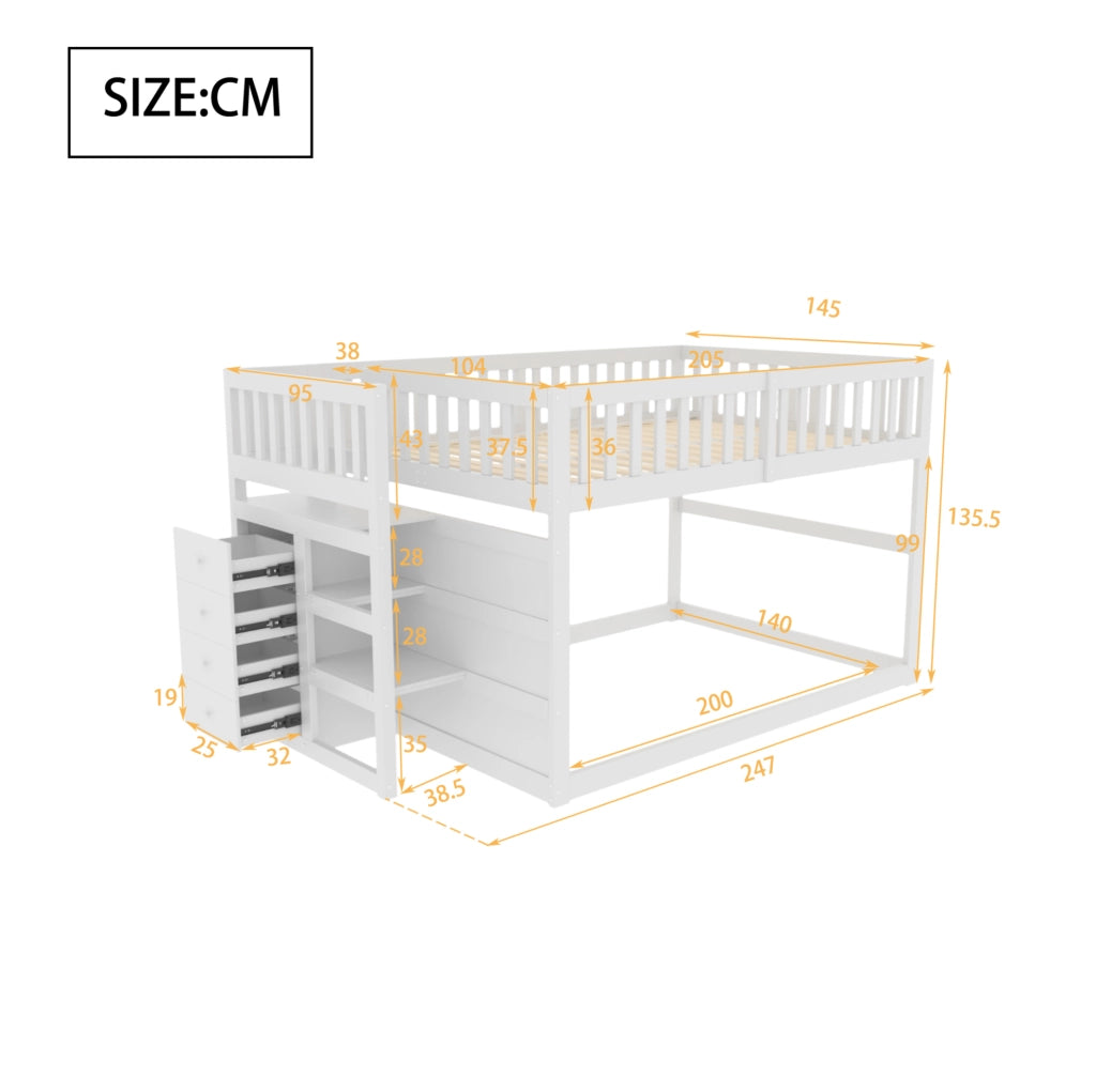 Letto a castello basso 140x200 cm in legno bianco con scaletta sicura e spazio contenitore