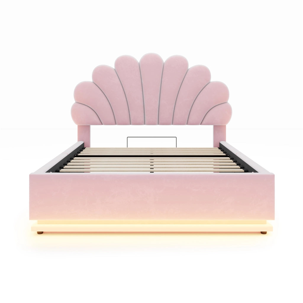 Letto contenitore 90 ¡Á 200 cm con LED e testiera a fiore rivestita in velluto beige struttura in metallo