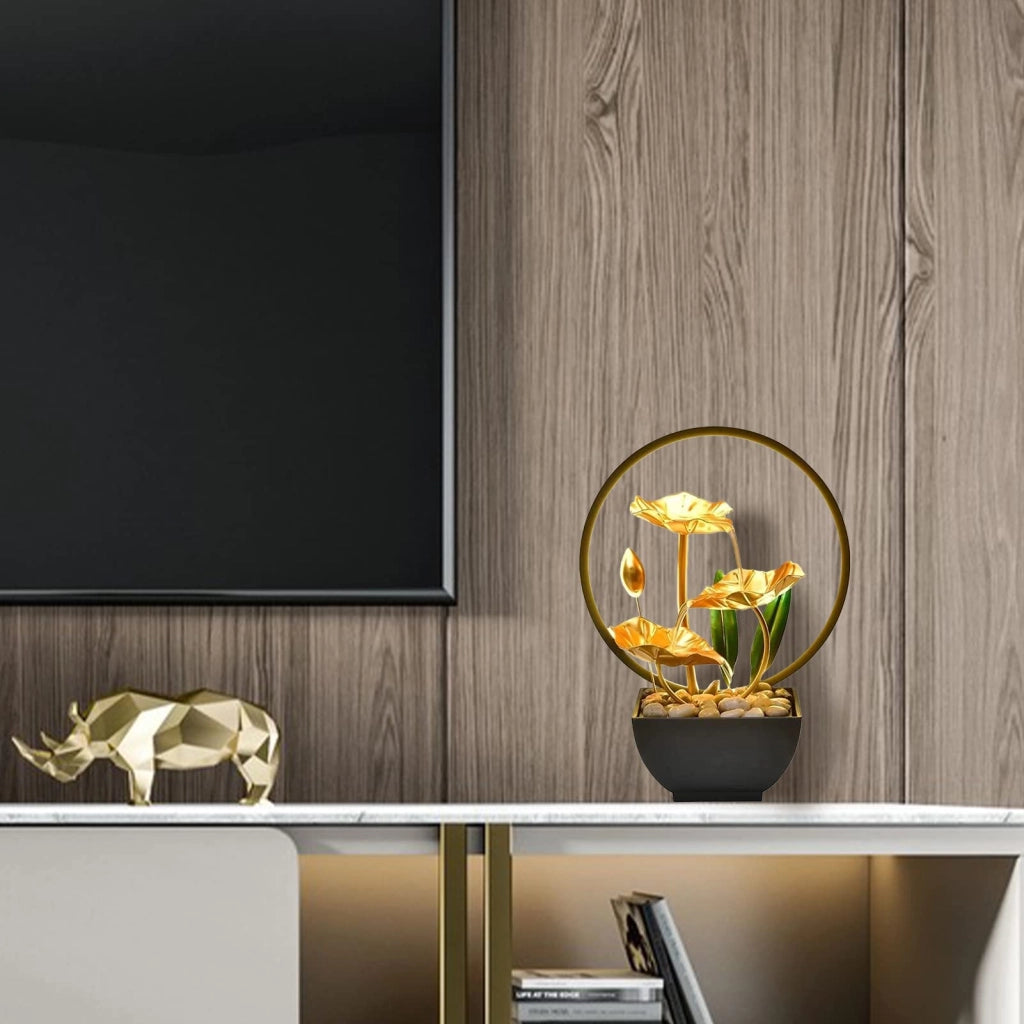 Fontana da tavolo a 3 livelli, con foglia di loto, illuminazione a LED e ciottoli