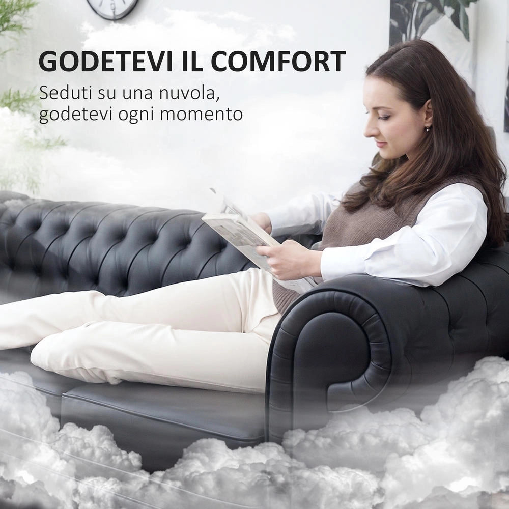 Divano 3 Posti Stile Chesterfield in Finta Pelle Nero, Imbottitura Molle Insacchettate Trapuntato per Soggiorno e Salotto, 213x86x79 cm
