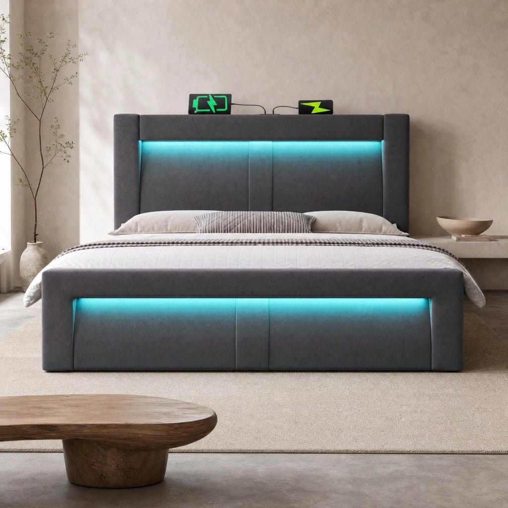 Letto matrimoniale 140x200 cm con contenitore; LED; USB e Type-C; velluto grigio