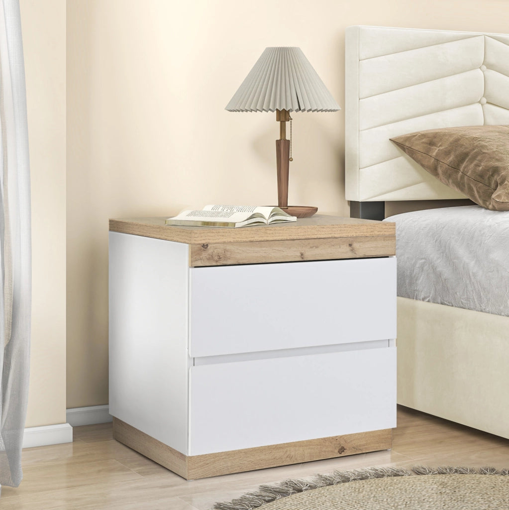 Comodino con due cassetti in truciolato E1 bianco e effetto quercia per camera da letto
