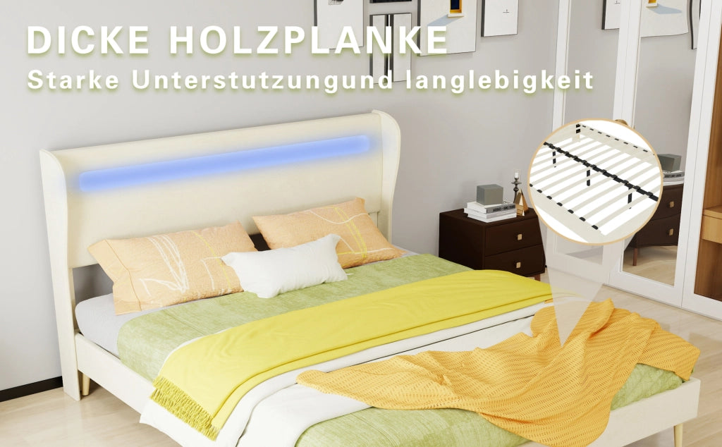Letto Moderno Imbottito 160x200 cm con Testiera LED Integrata, Beige, Struttura Bassa Senza Contenitore, Materasso Incluso