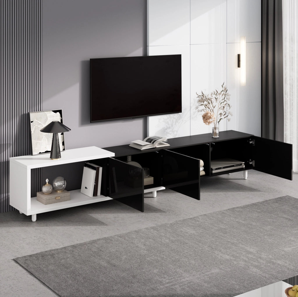 Mobile TV estensibile 258 x 38 x 48,5 cm nero e bianco, design moderno