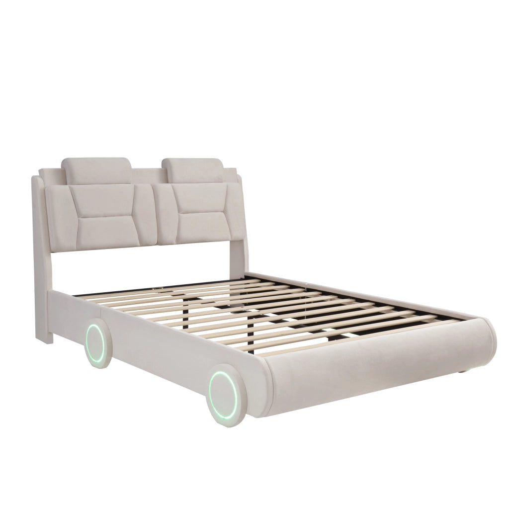 Letto imbottito per bambini 140x200 cm in flanella crema con design auto e testiera regolabile