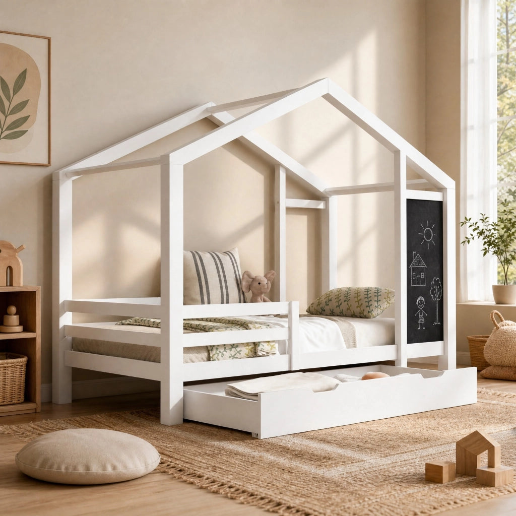 Letto per bambini a casetta 90 × 200 cm con rete a doghe due cassetti lavagna in legno bianco
