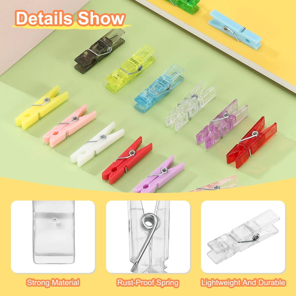 Piccole mollette per bucato, 100 pezzi, colorate, in plastica, 3,6 cm, trasparenti