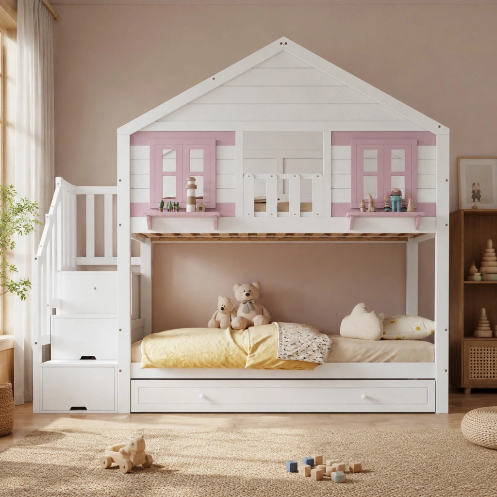 Letto a castello per bambini 90x200 cm con letto estraibile; pino e MDF; bianco e rosa