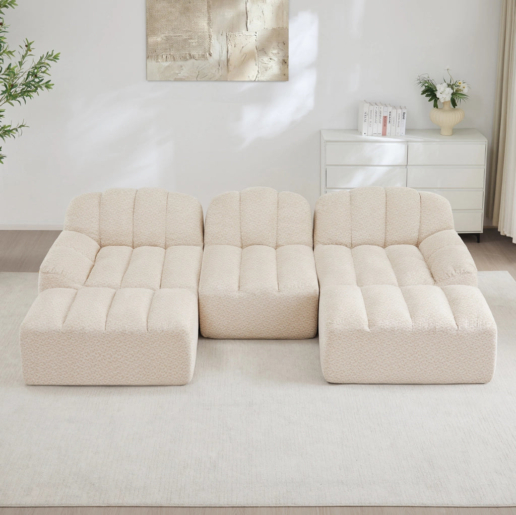 Divano modulare a U 288x165 cm beige in tessuto, 2 pouf, senza montaggio