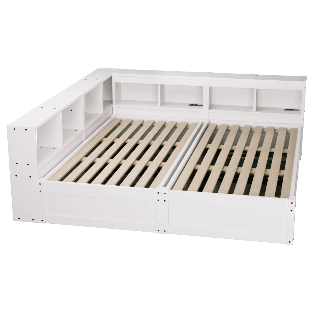 Divano letto multifunzionale 90/180 × 200 cm in legno massello con LED, prese multiple e contenitori, bianco
