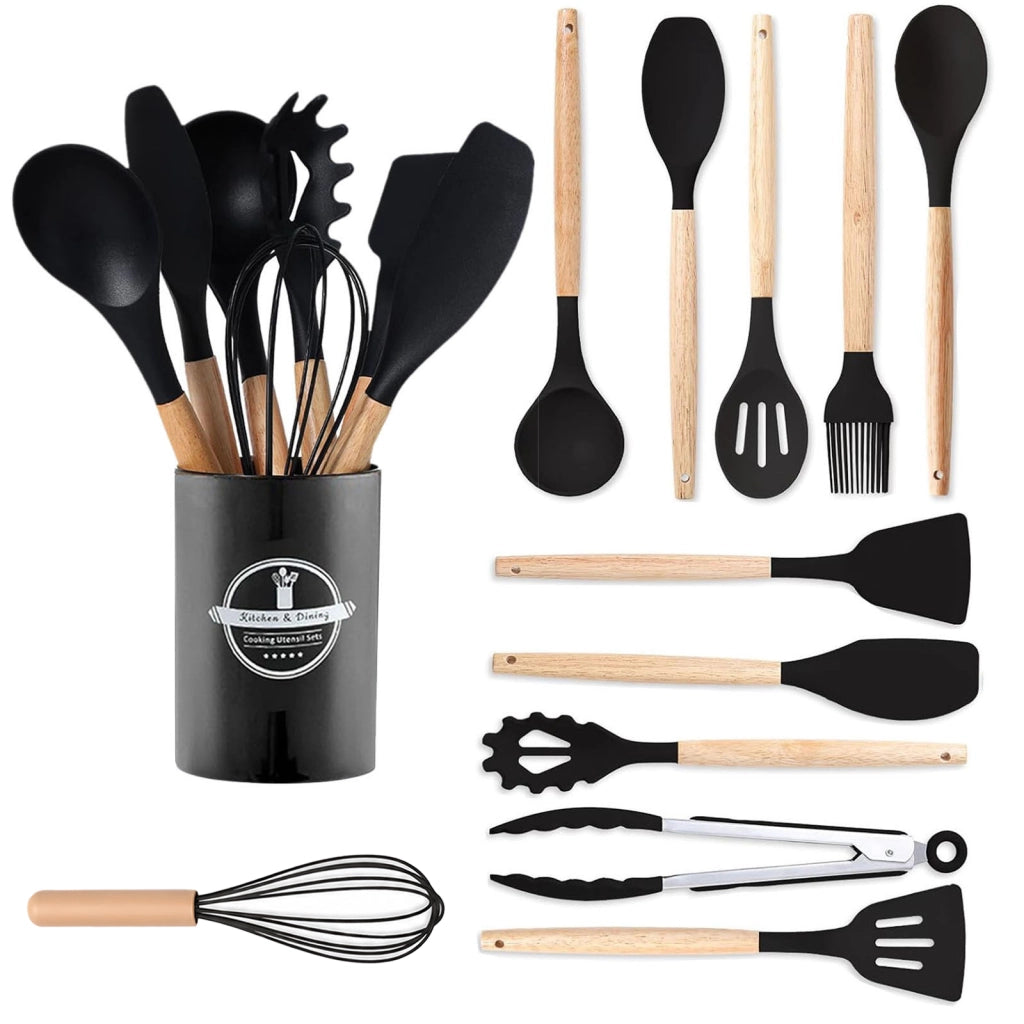 Set di 12 utensili da cucina in silicone nero con supporto