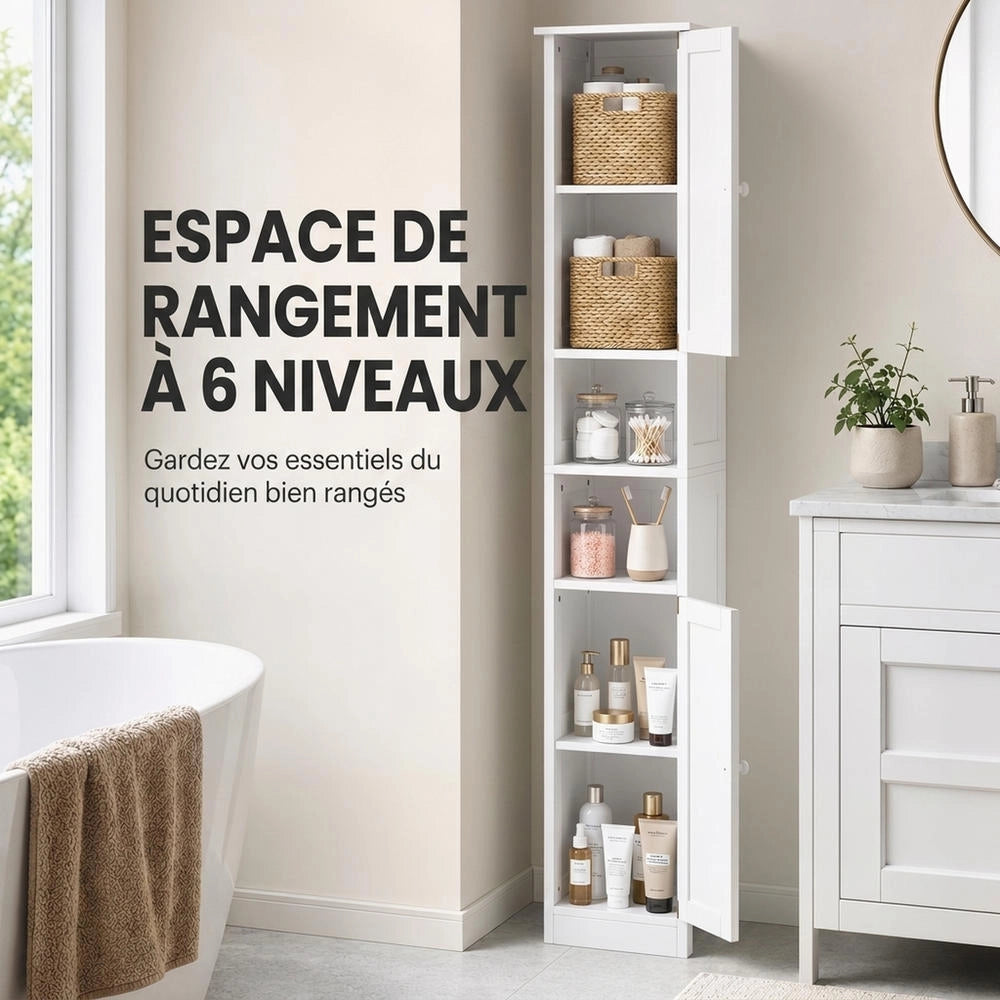 Mobile colonna bagno alto salvaspazio con 2 ante e 2 scomparti aperti, ripiani regolabili, bianco 30 cm