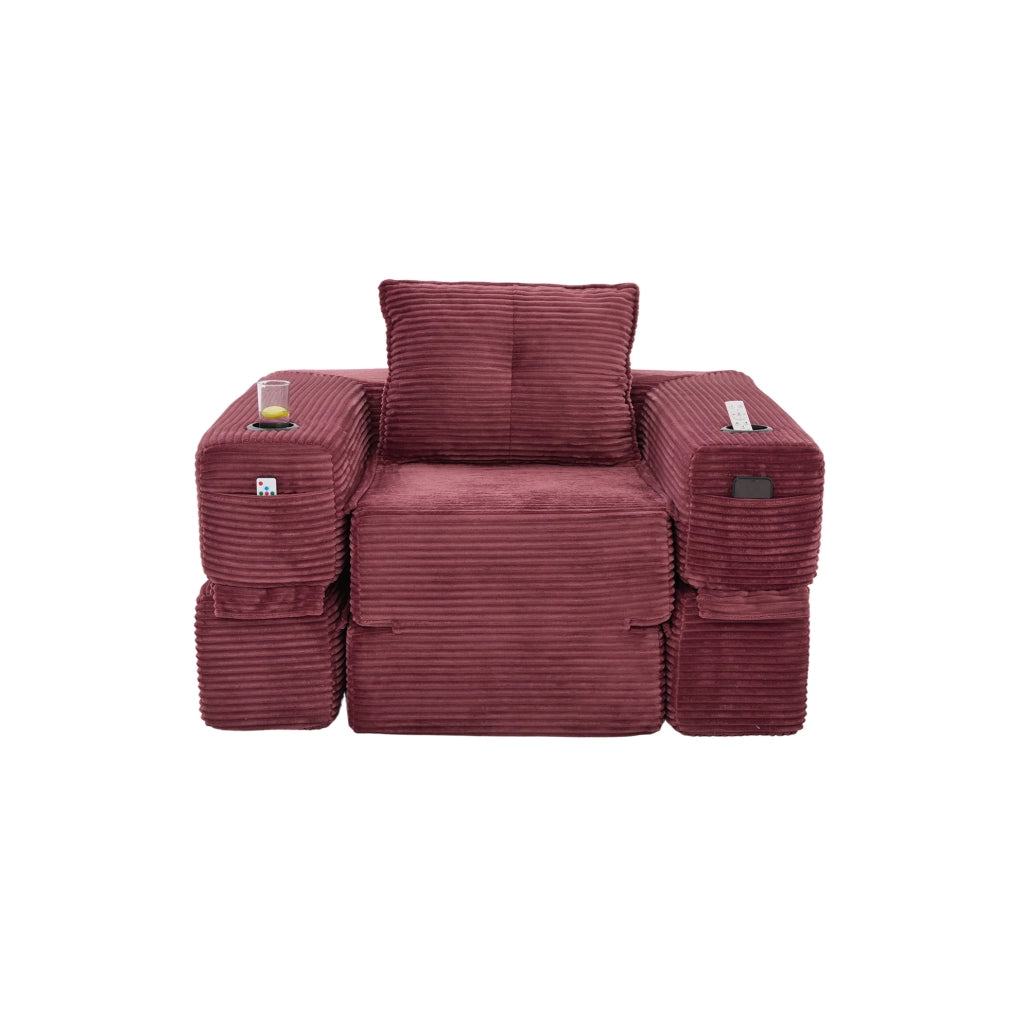 Divano letto pieghevole IVMEU 122 cm in velluto a coste rosso vino, con braccioli rimovibili e portabicchieri