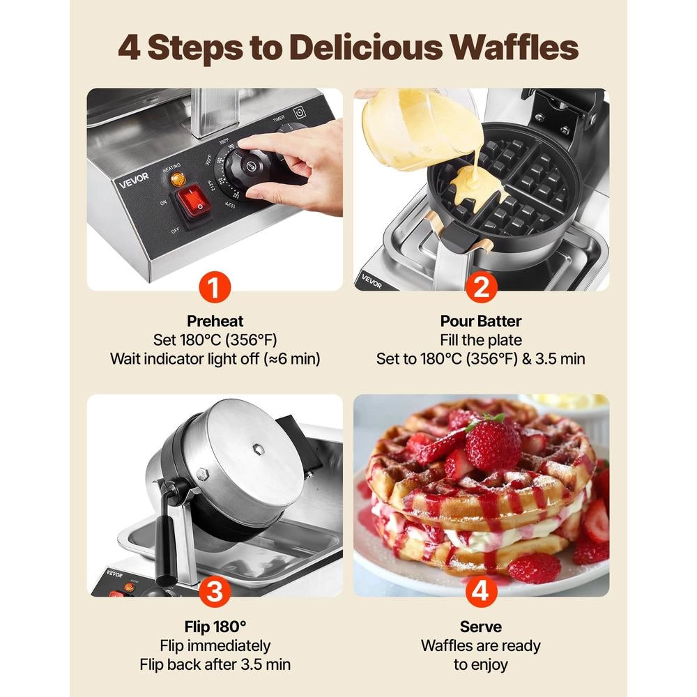 Macchina per Waffle Belga UWF-2205 in Acciaio Inox 1300W Piastra Antiaderente Rotonda 190,5 mm Regolabile 50-300 ℃ per Casa
