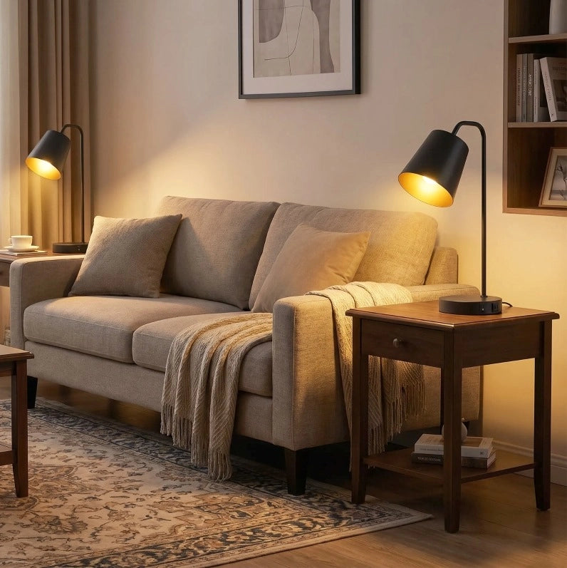 Set di 2 lampade da tavolo nere in acciaio con prese USB