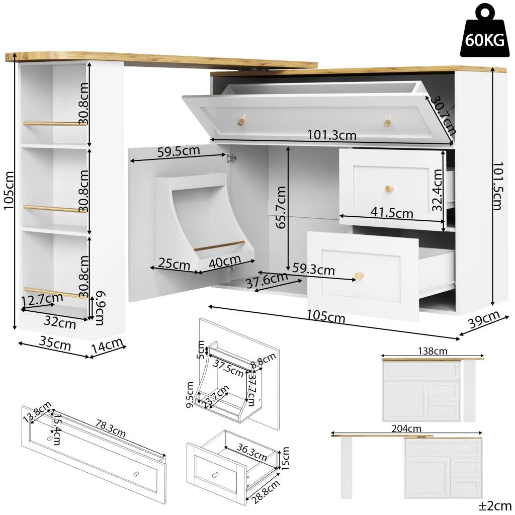 Tavolo da bar estensibile 138–204 × 39 × 105 cm con contenitore MDF bianco piano girevole a 360 gradi
