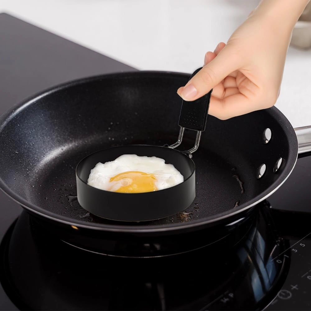 Anelli per uova da 8 cm, forme per uova all'occhio di bue con maniglie pieghevoli resistenti al calore, 6 pezzi, in acciaio inossidabile con rivestimento antiaderente, nero