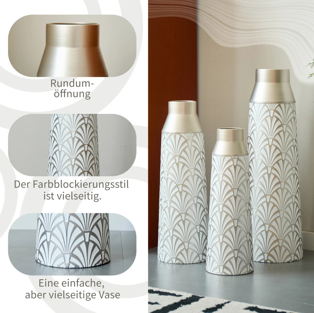 Set di 3 vasi decorativi in metallo bianco e argento, 43,5–61 cm