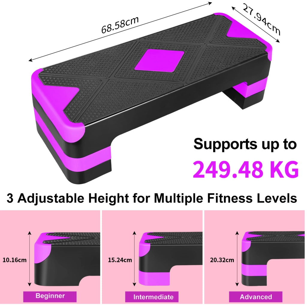 Step aerobico ULEVR regolabile in 3 altezze 68,58x27,94 cm, base antiscivolo con piedini in gomma, viola