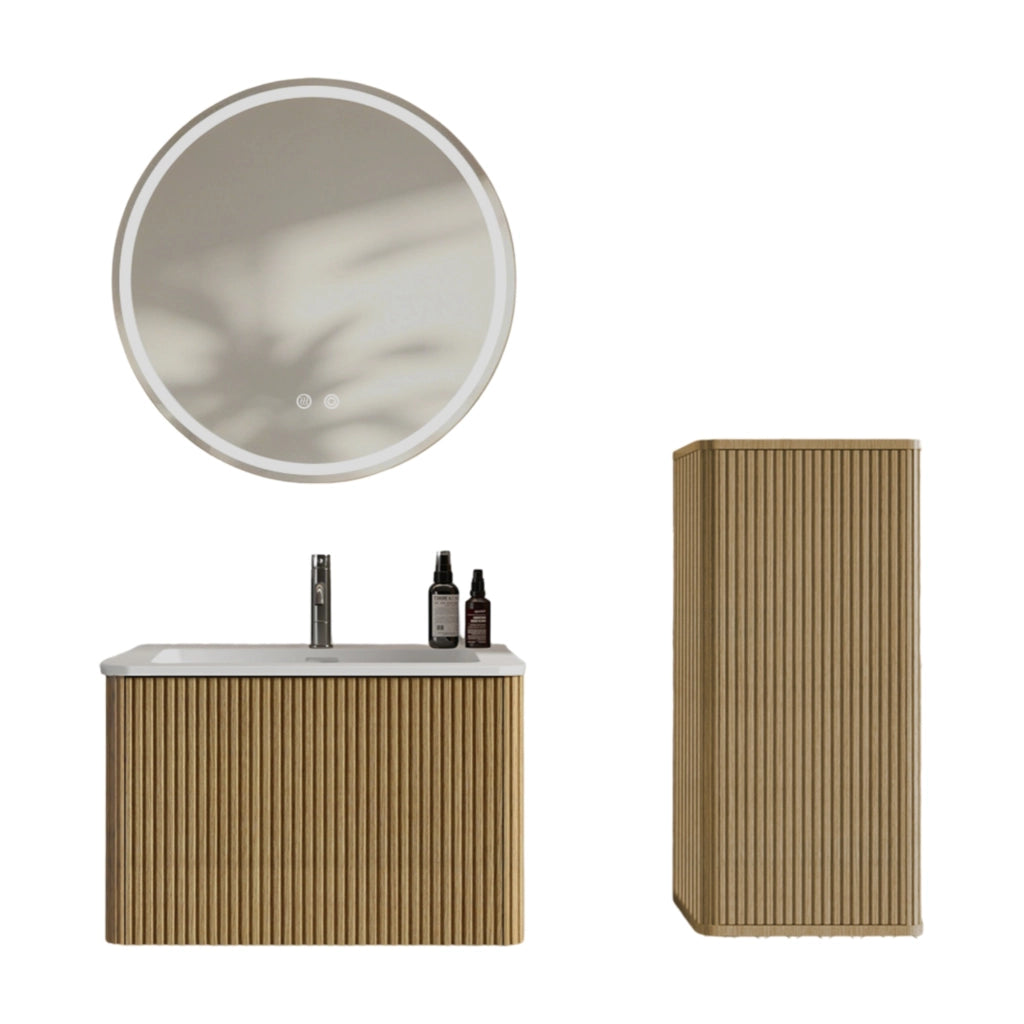 Set mobili bagno 60 cm con lavabo e specchio LED, rovere, salvaspazio