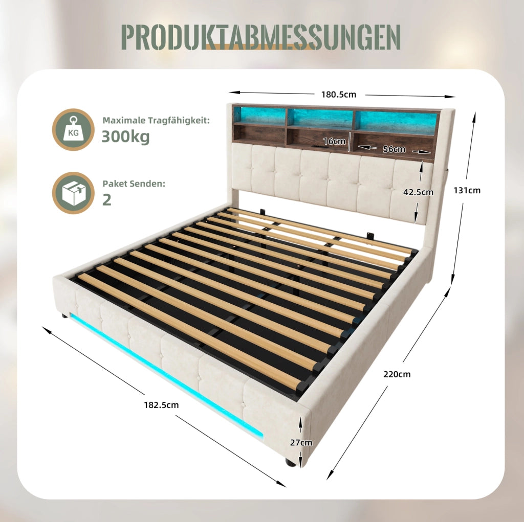 Letto in velluto 180×200 cm con testiera multifunzionale, 6 scomparti, LED, USB-C, meccanismo idraulico e grande contenitore protetto dalla polvere