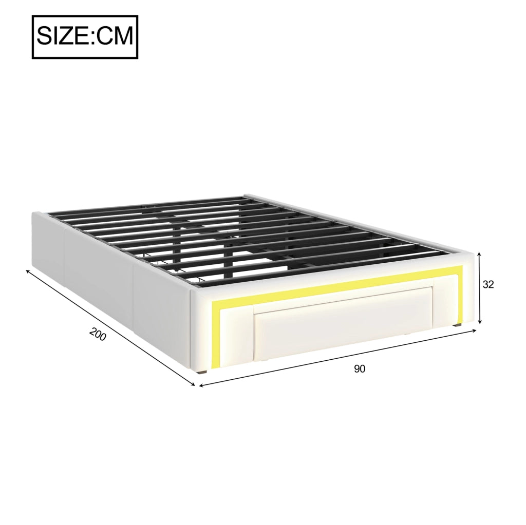 Letto singolo 90x200 cm con cassetti e luce LED RGB in PU; metallo e MDF; bianco