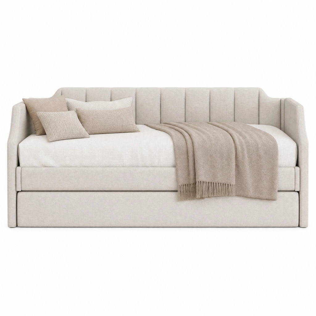 Letto da giorno imbottito IVMEU con letto estraibile 90x190 cm, letto principale 90x200 cm, beige