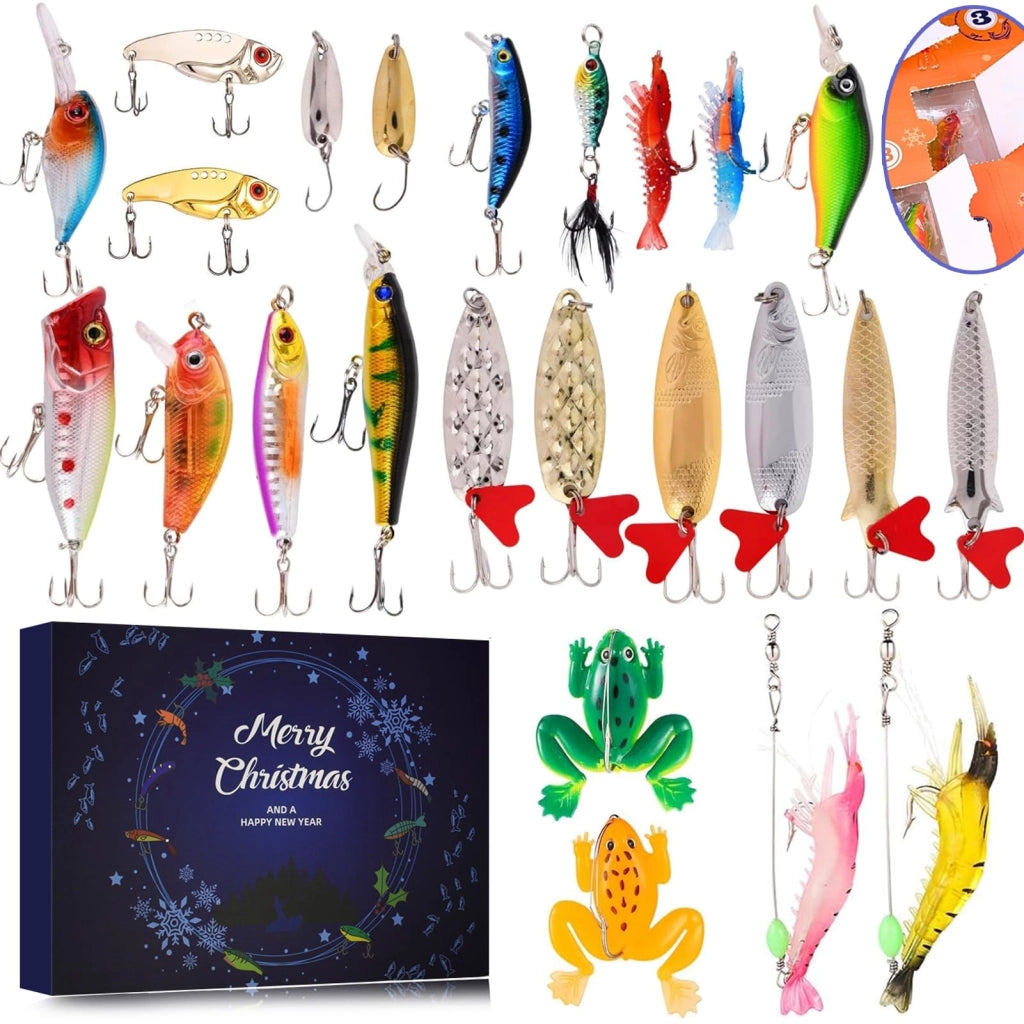 Calendario dell'Avvento a tema angeli, confezione da 24 pezzi, con esche artificiali per pescatori