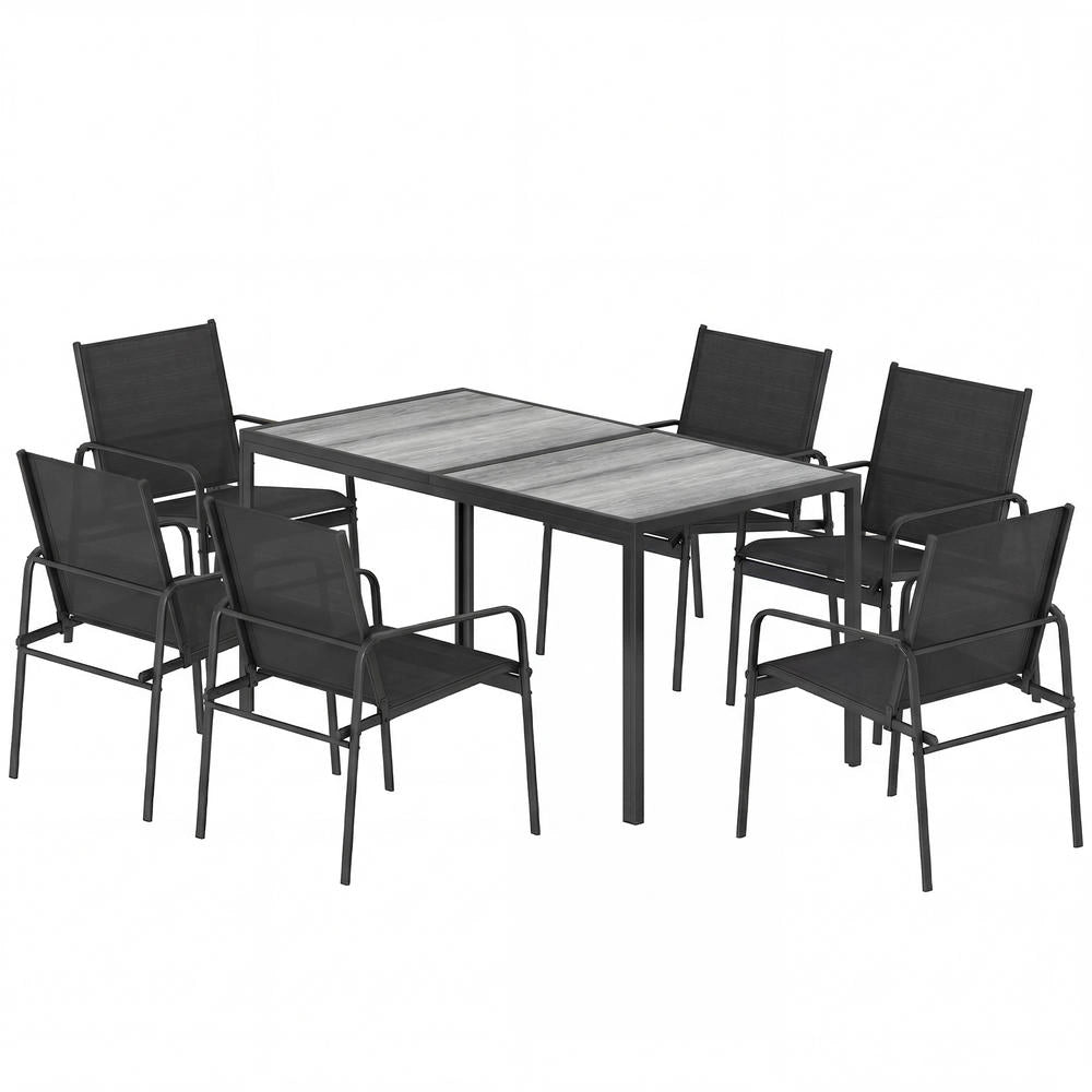 Set da Giardino con Tavolo 150 x 80cm Effetto Legno e 6 Sedie Traspiranti Struttura in Acciaio Robusto Salotto Pranzo Esterno Nero