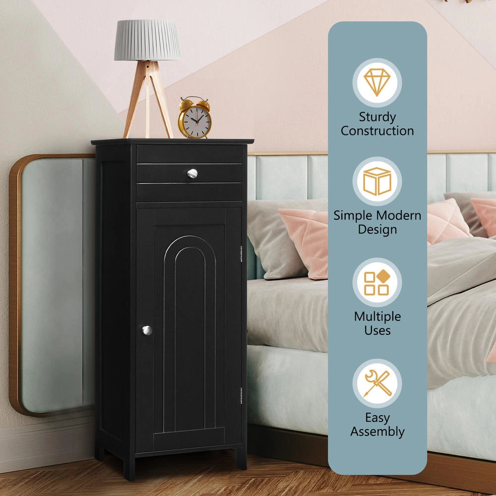 Mobiletto da terra in MDF nero con cassetto e anta ripiani regolabili armadietto moderno salvaspazio robusto per bagno e casa