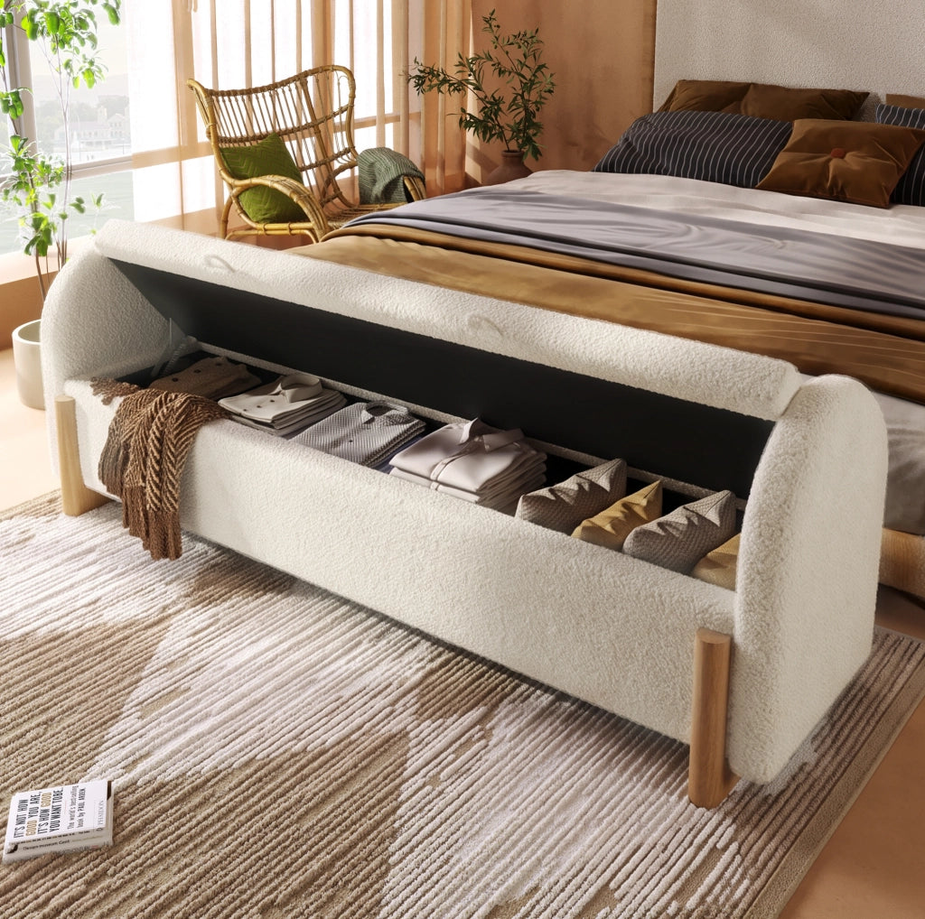 Panca contenitore bianca in bouclé 166 cm con apertura idraulica