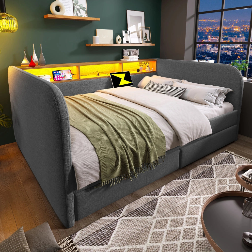 Struttura letto 140 × 190 cm con LED USB e type C due cassetti testiera con ripiano in lino grigio