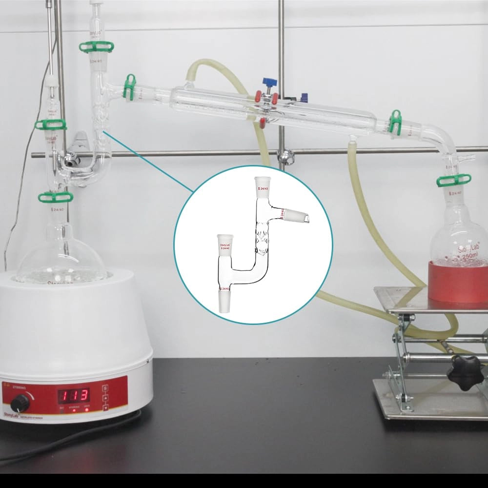 Adattatore per distillazione Kjeldahl, a 4 vie, attacco 24/40, in vetro borosilicato