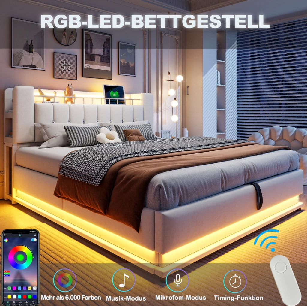 Letto imbottito 140x200 cm con LED, USB e vano contenitore beige