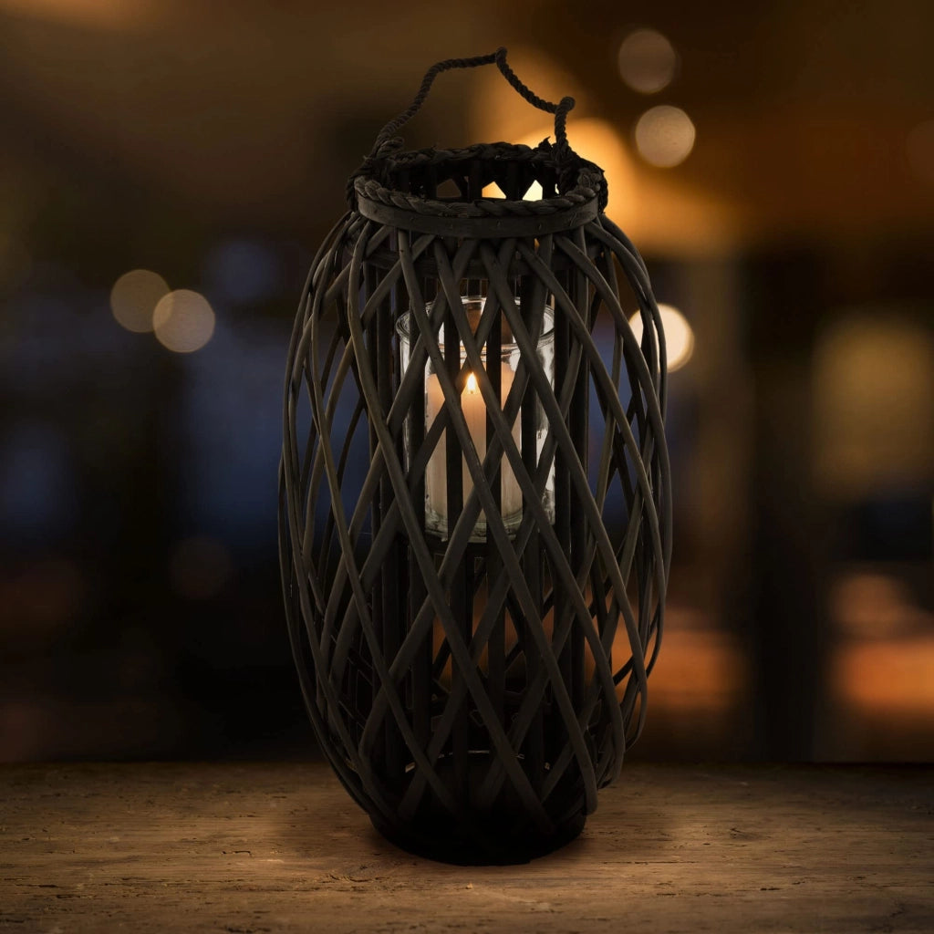 Lampada da esterno in rattan intrecciato, altezza 50 cm, nera, con manico
