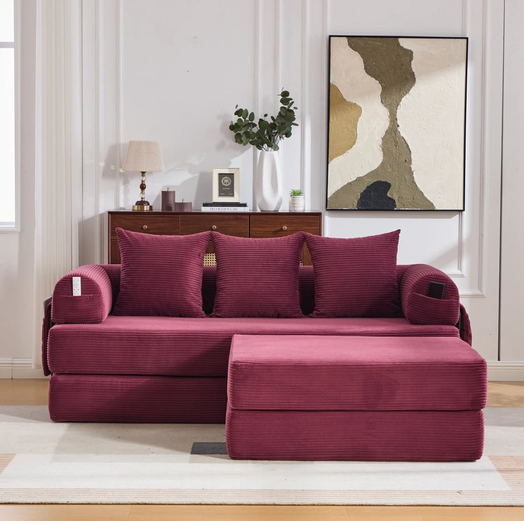Divano modulare IVMEU 200x190x67 cm con pouf, 3 cuscini e tasca laterale, velluto a coste rosso vinaccia